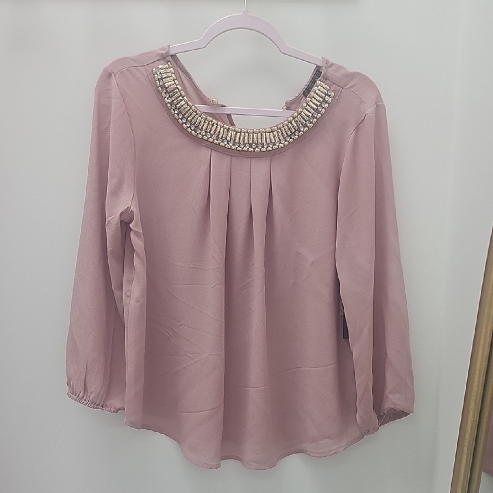 Pink Embellished Long Sleeve Blouse with Bib Collar